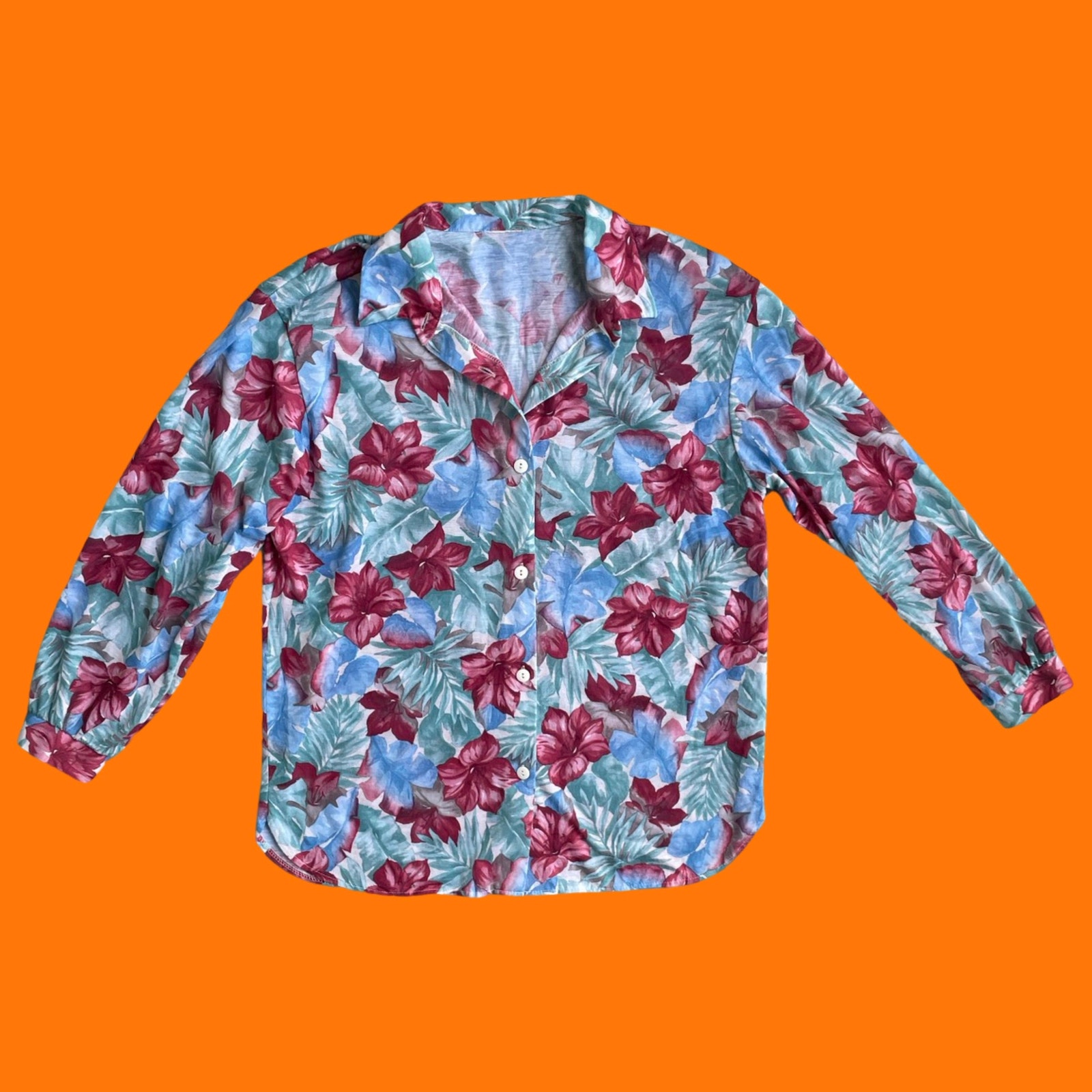 90's Vintage Earthy Tropical Print Collared Button Up Blouse Medium